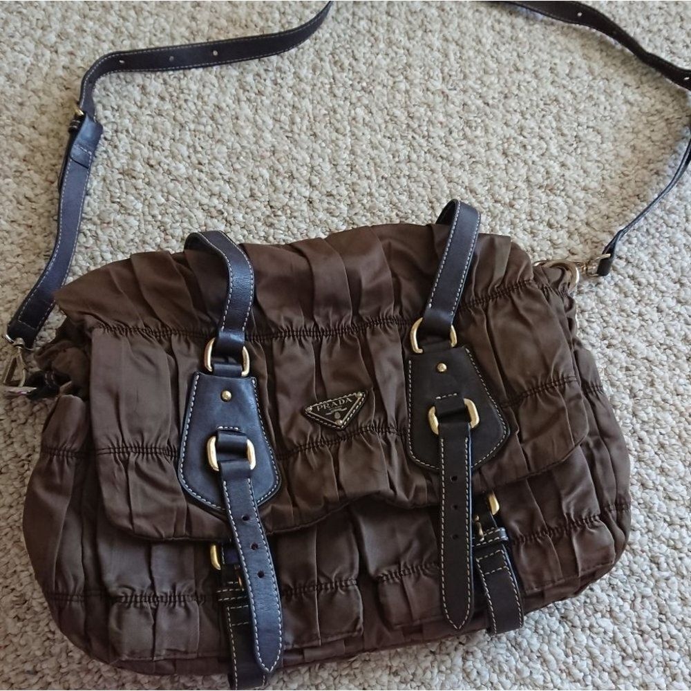 Authentic Prada ruched brown nylon crossbody